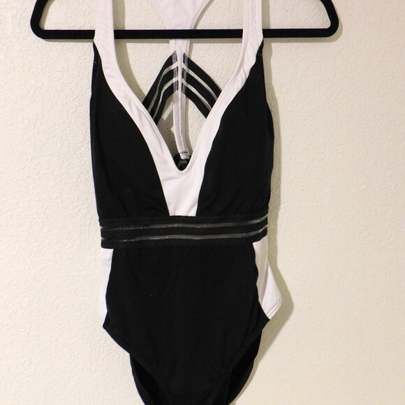 Kenneth Cole Cutout Mesh Wide Straps One-Piece Sexy Swimsuit Black White XL - Picture 1 of 8